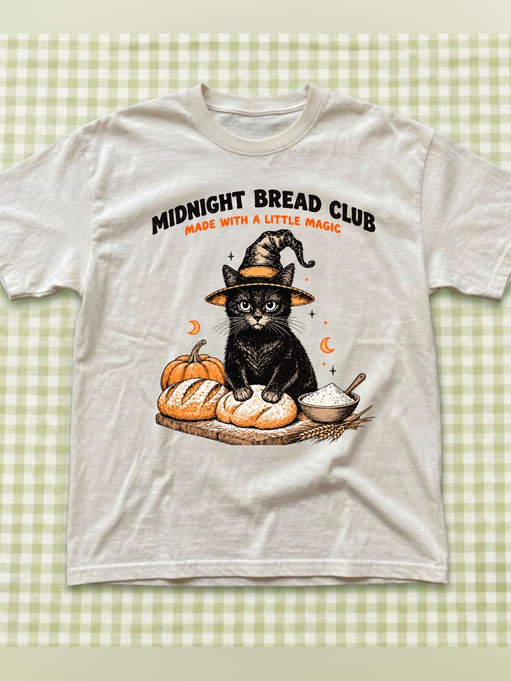 Gildan Cream Cat Baker Graphic Tee, White Midnight Bread Club T-Shirt